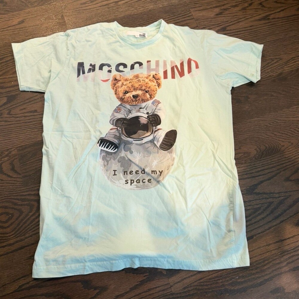 Love Moschino T-Shirt Mens Size M Mint Green Teddy Bear Astronaut Graphic
